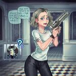  1boy 1girl ? ?? bandaged_arm bandages bilingual_text black_pants blood breasts capcom chibi commentary cowboy_shot english_commentary english_text facial_hair gloves grace_ashcroft grey_hair gun highres holding holding_gun holding_weapon jacket ladymardibujos1 leon_s._kennedy mixed-language_text open_mouth pants parted_bangs requiem_(gun) resident_evil resident_evil_requiem scared shirt short_hair shrugging spanish_text speech_bubble sweat weapon white_shirt 