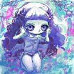  1girl black_pants blue_grass blunt_bangs closed_mouth commentary cross cross_facial_mark expressionless facial_mark forehead_mark grass ieatedyuripizza kneeling long_hair no_pants original pants purple_eyes purple_hair purple_shirt shirt solo surreal untranslatable_commentary wavy_hair 