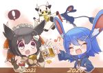  ! 2girls animal_ears bandana bell black_hair blue_hair blue_jacket brown_eyes brown_gloves chinese_zodiac closed_eyes commentary_request cow cow_girl cow_horns cup emil_chronicle_online gloves hair_ornament hairclip heart heart_hair_ornament holding holding_cup horns jacket keys_shrine momo_alma mouse_ears mouse_girl multiple_girls neck_bell official_alternate_costume open_mouth orange_bandana sandrat_alma shirt smile spoken_exclamation_mark toasting_(gesture) white_shirt year_of_the_ox 