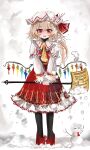  1girl absurdres ascot black_pantyhose blonde_hair blush character_snowman collared_shirt commentary crystal crystal_wings english_commentary flandre_scarlet full_body hat high_heels highres holding holding_shovel long_sleeves looking_at_viewer mob_cap multicolored_wings one_side_up open_mouth ougiikun pantyhose red_eyes red_shoes red_skirt red_vest remilia_scarlet shirt shoes shovel skirt skirt_set smile snow snowman solo touhou vest white_hat white_shirt wings yellow_ascot 