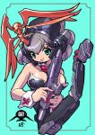  1girl advance_of_zeta between_breasts black_leotard bow bowtie breasts brown_hair commentary_request copyright_name dengeki_hobby green_background green_eyes gundam gundam_msv hair_between_eyes highres humanization kenki_fujioka leotard looking_at_viewer mecha_musume personification red_bow red_bowtie robot science_fiction short_hair simple_background smile solo tongue tongue_out tr-6_inle upper_body wrist_cuffs 
