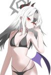  1girl absurdres bikini black_bikini black_choker black_hair blue_archive blush breasts choker closed_mouth demon_girl demon_horns demon_wings ear_piercing gradient_hair grey_halo hair_between_eyes halo highres horns kayoko_(blue_archive) long_hair looking_at_viewer mopi_(oooo5412) multicolored_hair navel piercing ponytail red_eyes single_wing solo stomach swimsuit two-tone_hair white_hair wings 
