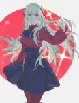  1girl ascot belt black_ascot black_flower black_rose black_skirt collared_shirt fate/strange_fake fate_(series) fillia_(fate) flower hair_flower hair_ornament high-waist_skirt highres long_hair long_sleeves mimulishizi o-ring o-ring_belt pantyhose puffy_long_sleeves puffy_sleeves red_eyes red_pantyhose red_shirt rose shirt shirt_tucked_in skirt solo sparkle white_hair 