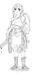  1girl absurdres animal blood blood_on_weapon boots breasts cleaver commentary_request dress full_body greyscale highres holding holding_animal holding_cleaver long_hair looking_at_viewer ma_(22mabo) medium_breasts monochrome rabbit sakata_nemuno single-shoulder_dress single_strap solo touhou weapon 