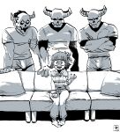  1girl 3boys absurdres angel azazel_(helltaker) black_hair bulge casting_couch commentary couch crossed_arms demon_horns english_commentary erection erection_under_clothes glorious_success gloves halo helltaker highres horns imminent_gangbang legs_together long_sleeves meme multiple_boys nervous on_couch open_mouth piper_perri_surrounded_(meme) sakanagaru scene_reference shirt short_hair short_sleeves skeleton_(helltaker) sweat waving you_gonna_get_raped 