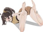  1girl absurdres ahoge ass barefoot blue_eyes brown_hair camisole commentary feet frilled_camisole frills green_nails highres holding_legs holding_own_leg hololive looking_at_viewer looking_back natsuiro_matsuri natsuiro_matsuri_(matsuri's_day_off) orange_shorts ponytail reverse_yogic_sleep_pose scarlet_(wv0102) scrunchie short_ponytail short_shorts shorts solo toes untranslatable_commentary virtual_youtuber yellow_camisole yellow_scrunchie 