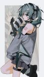  1girl aqua_eyes aqua_hair arm_warmers asymmetrical_clothes black_shirt border cowboy_shot electric_guitar from_side gibson_flying_v grey_skirt grey_sweater guitar hair_ornament hairclip hatsune_miku headphones highres iam_yuragi instrument leg_up leg_warmers long_hair long_sleeves looking_at_viewer number_tattoo off-shoulder_sweater off_shoulder parallel_hairclips parted_lips ponytail shirt shoulder_tattoo sidelocks sideways_glance single_bare_shoulder skirt solo spaghetti_strap standing standing_on_one_leg striped_arm_warmers striped_leg_warmers sweater tattoo thigh_strap vocaloid white_border zoom_layer 