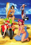  1980s_(style) 4girls ^_^ all-terrain_vehicle alternate_hairstyle beach bikini black_hair blue_bikini blue_hair blue_sky boombox brown_hair bubblegum_crisis casual_one-piece_swimsuit closed_eyes cloud eating hat highres holding_boombox honda ice_cream_cone inflatable_duck linna_yamazaki motor_vehicle multiple_girls nene_romanova non-web_source ocean official_art on_all-terrain_vehicle one-piece_swimsuit one_eye_closed outdoors pink_bikini pink_hair priscilla_asagiri radio red_bikini retro_artstyle riding scan sky smile sonoda_ken'ichi standing straddling straw_hat sun_hat surfboard swimsuit sylia_stingray tetrapod three-wheeler tongue water 