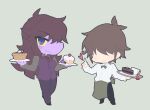  1girl 1other :> alternate_costume antenna_hair apron black_pants black_shoes bow bowtie breasts brown_hair buttons cake chibi chocolate_cake closed_mouth collared_shirt colored_sclera colored_skin commentary_request cup deltarune fang flipped_hair food full_body furry furry_female gradient_eyes green_apron green_background green_bow green_bowtie hair_over_eyes heart highres holding holding_plate holding_tray index_finger_raised komugiko_(bitte_komu) kris_(deltarune) long_hair long_sleeves looking_at_viewer medium_breasts multicolored_eyes necktie no_eyes open_collar pants pie plate purple_eyes purple_pants purple_skin purple_vest red_necktie reptile_girl shirt shoes short_hair simple_background skin_fang sleeve_cuffs smile star_(symbol) susie_(deltarune) teacup traditional_bowtie tray utdr_(toby_fox) vest waist_apron waiter waitress white_shirt yellow_sclera 