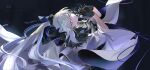  1girl aesc_(fate) aesc_(savior)_(fate) black_bow black_gloves blonde_hair blue_eyes bow commentary fate/grand_order fate_(series) fur_trim gloves hair_between_eyes hair_bow highres long_hair long_sleeves looking_at_viewer ponytail simple_background solo spikes ss_un17 untranslatable_commentary very_long_hair 