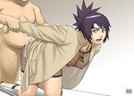  1girl arm_grab arm_held_back azasuke brown_eyes doggystyle fat fat_man fishnets hetero jewelry mitarashi_anko naruto naruto_(series) necklace rape sex solo_focus 