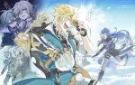  4boys :d ? ^_^ ahoge antenna_hair aqua_coat armor artist_name bare_tree belt black_boots black_capelet black_choker black_coat black_gloves black_pants blonde_hair blue_cape blue_coat blue_eyes blue_hair blue_shirt blue_sky boots bush cape capelet chest_harness choker closed_eyes coat collared_capelet collared_shirt coppepan crossed_bangs dated day earrings fingerless_gloves flins_(genshin_impact) floating_hair fur-trimmed_coat fur-trimmed_sleeves fur_trim gauntlets genshin_impact gloves grey_coat grey_hair grey_pants hair_between_eyes hair_intakes hand_up happy harness hiding highres holding holding_polearm holding_snowball holding_weapon illuga_(genshin_impact) jewelry knee_boots knee_pads lace-up_boots lapels laughing lohen_(genshin_impact) long_hair long_sleeves male_focus mole mole_under_eye multicolored_hair multiple_boys multiple_views open_clothes open_coat open_mouth outdoors pants parted_bangs parted_lips pauldrons polearm purple_sash red_hair ribbed_sweater sash scar scar_on_cheek scar_on_face scar_on_neck shirt short_hair shoulder_armor signature single_earring single_gauntlet single_pauldron sky sleeve_cuffs smile snow snowball snowball_fight sparkle speech_bubble sweater teeth thigh_belt thigh_boots thigh_strap throwing translation_request tree turtleneck turtleneck_sweater twitter_username two-tone_hair v-shaped_eyebrows varka_(genshin_impact) weapon white_pants white_shirt white_sweater wing_collar 