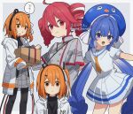  3girls a.i._voice adachi_rei ahoge animal_hat black_leggings black_shirt blue_eyes blue_hair blue_hat border box buttons cable closed_mouth commentary_request corn_kuten double-breasted dress drill_hair grey_background grey_jacket grey_skirt hair_between_eyes hair_ornament hair_ribbon hairclip hat headlamp headset high_collar holding holding_box hood hood_down hooded_jacket jacket kasane_teto kasane_teto_(sv) leggings long_hair long_sleeves looking_at_viewer medium_hair multiple_girls multiple_views necktie one_side_up open_clothes open_jacket open_mouth orange_eyes orange_hair orange_necktie otomachi_una outside_border parted_lips pleated_skirt radio_antenna red_eyes red_hair ribbon sailor_collar sailor_dress shirt short_dress short_sleeves skirt sleeves_past_fingers sleeves_past_wrists speech_bubble standing synthesizer_v translated turtleneck twin_drills twintails twitter_username utau very_long_hair vocaloid watermark white_border white_dress white_jacket white_ribbon white_sailor_collar 