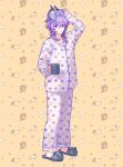  1boy 49ibo240 absurdres animal_background animal_slippers arm_up artist_name black_horns black_slippers bow brown_background buttons cat character_print coffee_mug collared_shirt commentary_request crossed_bangs cup dragon_horns durin_(genshin_impact) expressionless genshin_impact hair_between_eyes hair_bow highres holding holding_cup horns korean_commentary long_sleeves looking_at_viewer male_focus medium_hair mug pajamas pants parted_lips paw_print print_pajamas print_pants print_shirt purple_bow purple_hair purple_pajamas purple_pants purple_shirt red_eyes scaramouche_(cat)_(genshin_impact) scaramouche_(genshin_impact) shirt slippers solo standing watermark yarn yarn_ball 
