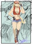  1girl baseball_cap blonde_hair blue_eyes breasts cleavage commentary_request denim denim_shorts fatal_fury_cap fingerless_gloves genderswap genderswap_(mtf) gloves hat highres jinbei_(jinbei0608) large_breasts long_hair looking_at_viewer micro_shorts midriff navel ponytail shoes shorts sneakers snk snk_heroines:_tag_team_frenzy solo terry_bogard the_king_of_fighters 