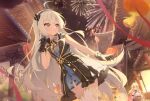  3girls :d absurdres aerial_fireworks ahoge architecture black_gloves blue_dress blue_hairband character_request check_character chinese_commentary chinese_new_year closed_mouth commentary_request dress east_asian_architecture exusiai_dust female_tyrant_(stella_sora) fireworks gloves grey_hair hairband hand_up highres iris_(stella_sora) lantern long_hair multiple_girls noya_(stella_sora) open_mouth paper_lantern pointy_ears red_ribbon revision ribbon short_dress smile stella_sora symbol-shaped_pupils thighhighs tyrant_(stella_sora) very_long_hair white_thighhighs 
