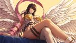  1girl angel angel_wings angewomon angewomon_(cosplay) ankle_boots arm_support asymmetrical_clothes bare_shoulders belt black_belt black_hair blue_eyes blunt_bangs bodysuit boots breasts cleavage clothing_cutout commentary commentary_typo cosplay crossed_legs digimon elbow_gloves feathered_wings gloves hagoromo hair_wings heterochromia highres indie_virtual_youtuber large_breasts long_hair looking_at_viewer mam_01 missing_headwear mole mole_under_eye multiple_wings o-ring o-ring_belt parted_lips red_eyes roselia_beneviento shawl sidelocks simple_background single_elbow_glove sitting skindentation smile solo stomach_cutout thigh_strap variant_set very_long_hair virtual_youtuber white_bodysuit white_boots white_gloves wings yellow_background zipper 