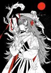  1girl absurdres arknights black_background boots cape chinese_clothes chinese_hairpin chun_(arknights) closed_mouth cowboy_shot expressionless facing_to_the_side flipped_hair from_side greyscale hair_ornament hair_stick hat highres huban monochrome pleated_skirt red_sash red_sun rice_hat sash shirt skirt solo split_mouth statuette ywys111o 