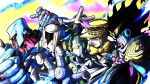  5others absurdres black_hair blue_eyes blue_skin bow bowtie colored_skin commentary compound_eyes crazy_diamond diamond_wa_kudakenai echoes_(stand) echoes_act3 english_commentary green_eyes hat heaven's_door highres jojo_no_kimyou_na_bouken multicolored_skin multiple_others no_humans noonvincent orange_eyes parted_lips pink_skin shoulder_pads sky stand_(jojo) star_platinum the_hand_(stand) two-tone_skin white_skin yellow_bow yellow_bowtie yellow_eyes yellow_hat yellow_sky 