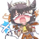  1girl bandana bell blush brown_gloves brown_hair capelet chibi commentary_request cow_girl cow_horns embarrassed emil_chronicle_online gloves highres holding holding_swimsuit holding_unworn_clothes horns keys_shrine momo_alma neck_bell nose_blush open_mouth orange_bandana shirt solo swimsuit unworn_swimsuit white_background white_capelet white_shirt x_(symbol) 