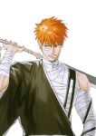  1boy bandaged_arm bandaged_chest bandaged_torso bandages bandaid bandaid_on_cheek bandaid_on_face bleach commentary_request highres korean_commentary kurosaki_ichigo male_focus orange_hair shihakusho short_hair simple_background solo teeth upper_body white_background xatavo9919 zanpakutou 