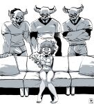  1girl 3boys absurdres angel azazel_(helltaker) black_hair bulge casting_couch clothed_male_nude_female commentary couch crossed_arms demon_horns english_commentary erection erection_under_clothes female_pubic_hair glorious_success gloves halo helltaker highres horns imminent_gangbang meme multiple_boys nervous nude on_couch open_mouth piper_perri_surrounded_(meme) pubic_hair sakanagaru scene_reference shirt short_hair short_sleeves sitting skeleton_(helltaker) sweat you_gonna_get_raped 