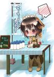  1girl bandana banner bell blush boots bottle brown_boots brown_hair brown_pantyhose capelet choker commentary_request cow_girl cow_horns embarrassed emil_chronicle_online frilled_hairband frills green_choker hairband highres horns keys_shrine milk_bottle momo_alma neck_bell nobori nose_blush orange_bandana pantyhose shirt sitting solo spoken_blush table trembling white_capelet white_hairband white_shirt 