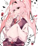  1girl :o ahoge black_eyes black_sweater_vest borrowed_character breasts bright_pupils chain chain_choker collared_shirt commentary double-parted_bangs drawn_crown drawn_horns drawn_tail english_commentary hair_between_eyes hair_flaps hair_intakes hair_wings hands_up head_tilt heart heart_background huge_ahoge jitome long_hair long_sleeves looking_at_viewer necktie open_mouth original pale_skin pink_hair plaid_clothes plaid_necktie puffy_long_sleeves puffy_sleeves red_necktie ringed_eyes school_uniform shirt sidelocks simple_background sleeves_past_fingers sleeves_past_wrists small_breasts solo sparkle sweater_vest twintails usa37107692 white_background white_pupils white_shirt 