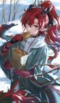  1boy absurdres arknights bag blue_coat blush coat colored_skin commentary_request dragon dragon_boy dragon_horns dragon_tail eastern_dragon food food_in_mouth highres holding holding_bag holding_food horns korean_commentary long_hair looking_at_viewer male_focus multicolored_skin nez39 outdoors paper_bag pointy_ears ponytail red_eyes red_hair red_skin snow solo tail taiyaki wagashi yu_(arknights) 