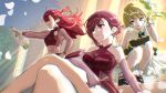  3girls ahoge asami_makiko_(heaven_burns_red) bare_shoulders beer_bottle blonde_hair commentary_request cup drinking_glass earrings green_eyes heaven_burns_red highres jewelry long_hair multiple_girls nanase_nanami_(heaven_burns_red) nodoka_okuda purple_hair red_eyes scar scar_across_eye scar_on_face short_hair tezuka_saki wine_glass 
