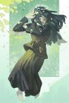  0xmalam 1girl absurdres angel angel_wings black_hair black_skirt black_sweater border brown_tank_top covering_face floating_hair full_body gradient_border green_background green_border grey_eyes haibane_renmei halo highres long_hair long_skirt long_sleeves one_eye_closed open_mouth outside_border reki_(haibane_renmei) skirt smile solo sweater tank_top traditional_halo white_border wind wings 