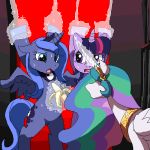 2015 banana crown equine feathered_wings feathers food forced friendship_is_magic fruit horn low_res makeup mammal mascara merumeto my_little_pony open_mouth princess_celestia_(mlp) princess_luna_(mlp) restrained sweat tiara tongue unicorn winged_unicorn wings 