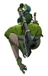  4_toes amphibian anthro arm_markings baneroku big_breasts big_butt black_sclera blonde_hair breasts butt clothing female frog gloves green_markings green_skin gun hair holding_gun holding_object holding_weapon hood huge_breasts leg_markings leg_wraps markings melee_weapon nipple_bulge open_mouth pose ranged_weapon rifle simple_background smile solo sword toes tongue tongue_out weapon white_background wraps yellow_eyes 