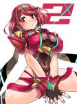  boris_(noborhys) breasts circlet covered_navel fingerless_gloves gloves highres hips homura_(xenoblade_2) large_breasts light_smile looking_at_viewer red_eyes red_hair short_hair simple_background smile solo spread_legs thighs white_background xenoblade_(series) xenoblade_2 