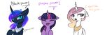  blue_eyes cosmic_hair english_text equine eyes_closed female feral friendship_is_magic fur gradient_hair group hair horn magnaluna mammal my_little_pony nightmare_moon_(mlp) pink_hair princess_celestia_(mlp) purple_fur simple_background smile text twilight_sparkle_(mlp) unicorn white_background white_fur 