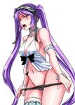 armlet armpit_peek bare_shoulders black_panties blush breasts choker closed_mouth commentary_request cowboy_shot dress euryale fate/grand_order fate/hollow_ataraxia fate_(series) groin hairband long_hair medium_breasts mimuni362 navel open_mouth panties purple_eyes purple_hair sideboob solo stomach twintails underwear undressing v-shaped_eyebrows very_long_hair white_dress 