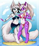  5_fingers anthro barefoot bikini blonde_hair canine clothing duo hair mammal midriff navel open_mouth robyn_paperdoll smile standing swimsuit white_hair wide_hips 
