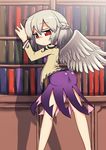  albino ass bare_legs bookshelf braid breasts commentary_request dress french_braid highres jacket kawara_hajime kishin_sagume open_clothes open_jacket purple_dress red_eyes short_dress silver_hair single_wing slit_pupils small_breasts solo touhou wings 