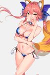  animal_ears bare_arms bare_shoulders barefoot between_breasts bikini blue_bikini blue_bow bow breasts closed_mouth collar commentary_request detached_collar eyebrows_visible_through_hair fate/extra fate_(series) floating_hair fox_ears fox_girl fox_shadow_puppet fox_tail grey_background hair_between_eyes hair_bow hand_on_own_stomach hand_over_face hand_up heart highres jewelry long_hair looking_at_viewer medium_breasts navel necklace pink_hair side-tie_bikini simple_background smile solo stomach swimsuit tail tamamo_(fate)_(all) tamamo_no_mae_(fate) tamamo_no_mae_(swimsuit_lancer)_(fate) twintails very_long_hair yellow_eyes yuran 