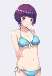  aqua_bikini arms_behind_back bangs bare_arms bare_shoulders bikini blue_bikini blunt_bangs breasts collarbone eromanga_sensei eyebrows_visible_through_hair groin highres kurokku lavender_background looking_at_viewer medium_breasts navel parted_lips purple_eyes purple_hair senju_muramasa short_hair simple_background solo swimsuit underboob 