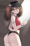  ass belt black_panties brown_eyes brown_hair commentary_request kantai_collection light_rays looking_at_viewer looking_back nagase_haruhito panties ryuujou_(kantai_collection) solo sunbeam sunlight thong twintails underwear visor_cap wrist_cuffs 