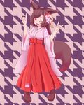  :3 ;d \m/ alternate_costume animal_ears bad_id bad_pixiv_id bangs boots breasts brown_hair double_\m/ fang flower fox_shadow_puppet full_body furisode hair_flower hair_ornament hakama haruirokomici high_heel_boots high_heels highres houndstooth imaizumi_kagerou japanese_clothes kimono long_hair looking_at_viewer medium_breasts meiji_schoolgirl_uniform one_eye_closed open_mouth pink_kimono red_eyes red_hakama smile solo standing swept_bangs tail tassel touhou wide_sleeves wolf_ears wolf_tail 