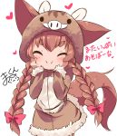  1girl :i animal_ears animal_hood bangs blush bow brown_dress brown_hair closed_mouth commentary_request dog_ears dog_girl dog_tail dress facing_viewer fur-trimmed_dress fur-trimmed_sleeves fur_trim hair_bow hair_ornament hairclip hands_on_own_cheeks hands_on_own_face heart hood hood_up hooded_dress long_hair low_twintails makuran momiji_(makuran) original pig_costume pig_ears pig_hood pink_bow signature simple_background solo tail thick_eyebrows twintails v-shaped_eyebrows very_long_hair white_background 