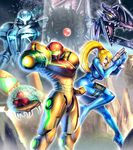  arm_cannon armor ass blonde_hair blue_eyes bodysuit dark_samus gonzarez gun highres long_hair looking_at_viewer metroid metroid_(creature) mole mole_under_mouth monster mother_brain ponytail power_armor power_suit ridley samus_aran skin_tight varia_suit weapon zero_suit 