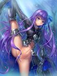  arm_up armor armored_boots bangs blue_eyes blue_ribbon blurry blurry_background boots closed_mouth crotch_plate eyebrows_visible_through_hair fate/extra fate/extra_ccc fate_(series) flexible groin hair_ribbon highres juliet_sleeves leg_up light_particles long_hair long_sleeves looking_at_viewer meltlilith navel partially_visible_vulva petals puffy_sleeves purple_hair revealing_clothes ribbon shiny sleeves_past_wrists smile solo split spread_legs standing standing_on_one_leg standing_split stomach thigh_strap thighs turtleneck very_long_hair yahiro_(666131415) 
