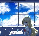  aqua_eyes blonde_hair chair classroom cloud cloudy_sky desk feathers gabriel_dropout glass halo highres hong_shi_(1044285253) long_hair looking_at_viewer paper pencil pencil_case school_uniform serafuku sitting sky smile solo star_(sky) starry_sky tenma_gabriel_white 