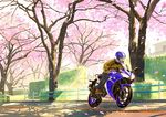  blue_pants brown_gloves brown_jacket cherry_blossoms commentary_request day denim gemi gloves ground_vehicle helmet jacket jeans long_sleeves mobi_motorcycle motor_vehicle motorcycle motorcycle_helmet original outdoors pants petals railing riding solo sunlight tree yamaha 