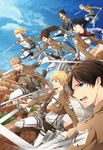  4boys armin_arlert black_hair black_shirt blonde_hair brown_hair brown_jacket christa_renz collarbone connie_springer day dress_shirt dual_wielding emblem eren_yeager floating_hair green_eyes green_shirt hair_between_eyes holding holding_sword holding_weapon jacket jean_kirchstein long_hair mikasa_ackerman military military_uniform multiple_boys multiple_girls open_clothes open_jacket open_mouth outdoors outstretched_arms panties paradis_military_uniform ponytail red_scarf rooftop sasha_braus sautsu scarf shingeki_no_kyojin shirt short_hair spiked_hair survey_corps_(emblem) sweatdrop sword three-dimensional_maneuver_gear underwear uniform very_short_hair weapon white_panties white_shirt yellow_shirt 