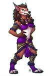  anthro canine claws clothed clothing digital_media_(artwork) female fur hair hands_on_hip hkluterman_(artist) mammal navel simple_background smile smirk solo standing teeth video_games warcraft were werewolf wolf worgen 