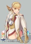  &gt;:) armor armored_boots ass blonde_hair blush boots braid fire_emblem fire_emblem_heroes green_eyes grey_background highres long_hair low_ponytail orb sharena shinon_(tokage_shuryou) simple_background sitting smile solo thigh_boots thighhighs thighs translation_request v-shaped_eyebrows very_long_hair 